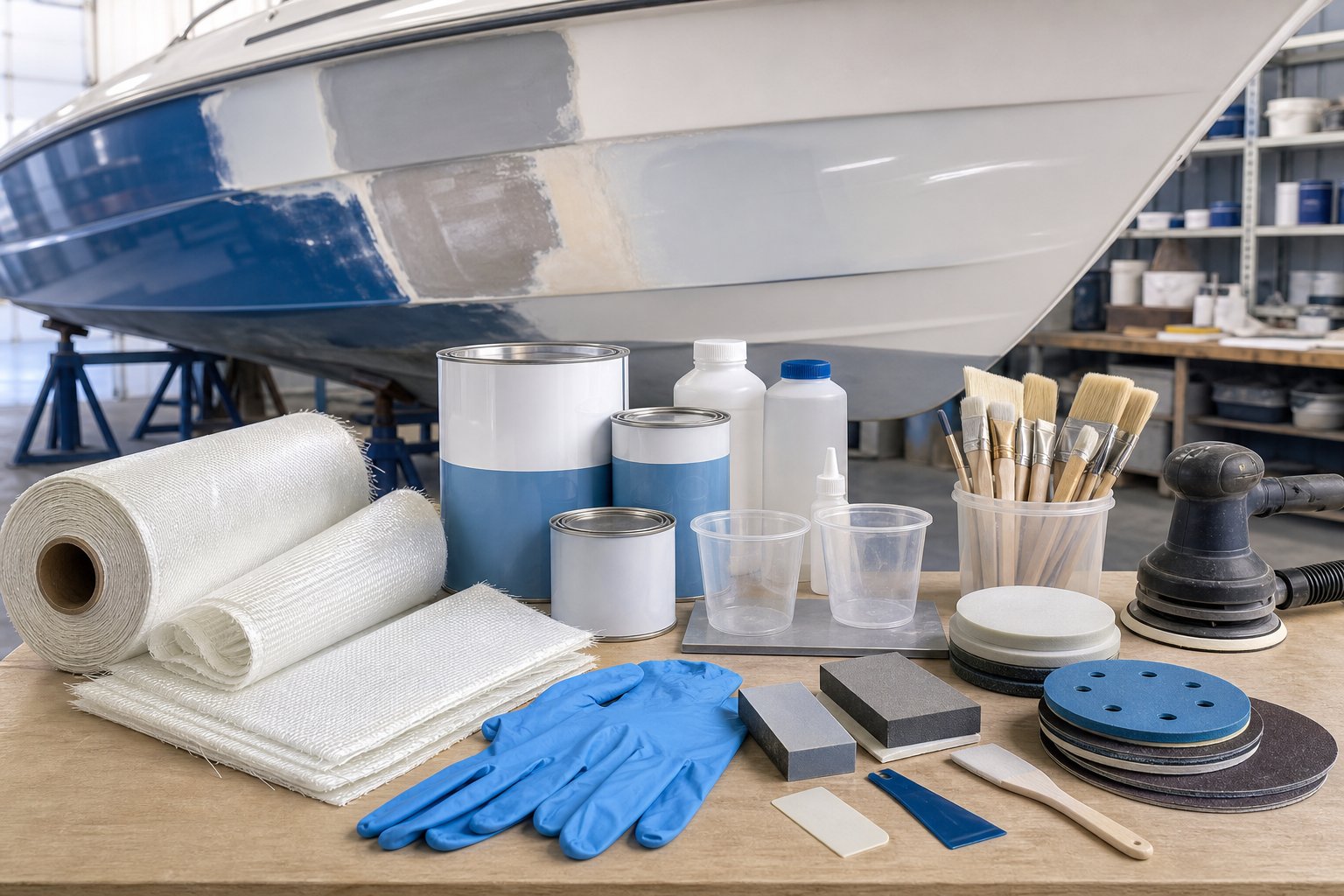 A workspace with supplies and tools for finishing and gelcoat repair on a fiberglass boat, including gelcoat containers, fiberglass cloth, sanding tools, and a partially repaired boat hull.