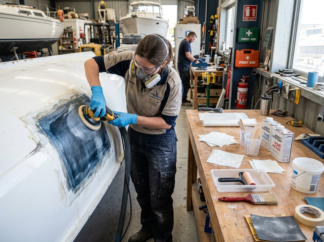 A technician repairing a fiberglass boat hull with tools and repair materials in a workshop.