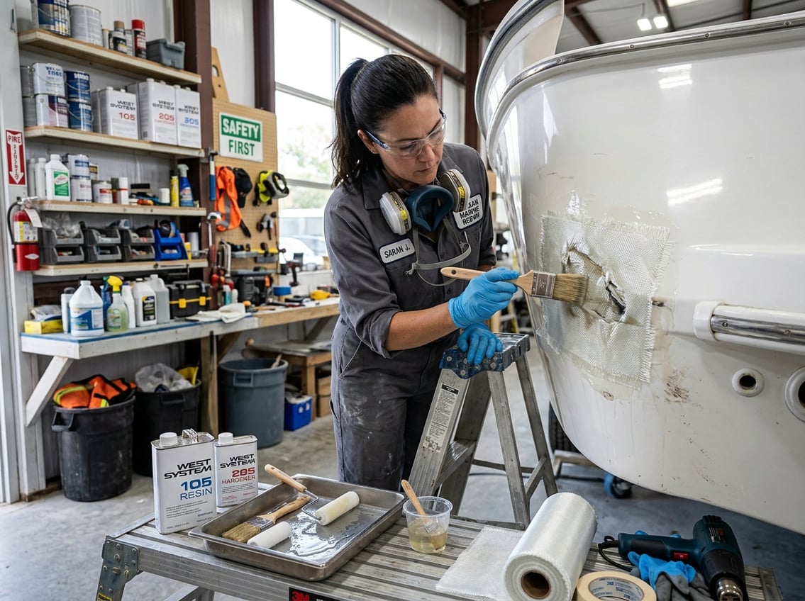 A technician repairing a fiberglass boat hull in a workshop with tools and materials around.