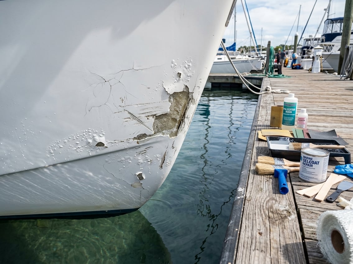 Close-up of a boat hull showing various fiberglass and gelcoat damages with repair tools nearby and boats in the background.