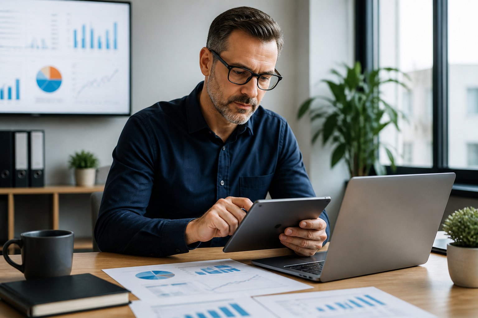 A small business owner reviewing financial charts on a tablet and laptop in a modern office.