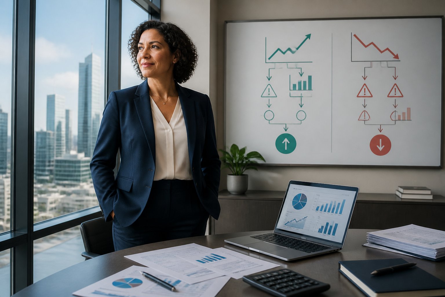A small business owner stands confidently by a window overlooking a city, with financial charts and documents on a desk and diagrams showing business growth and challenges in the background.