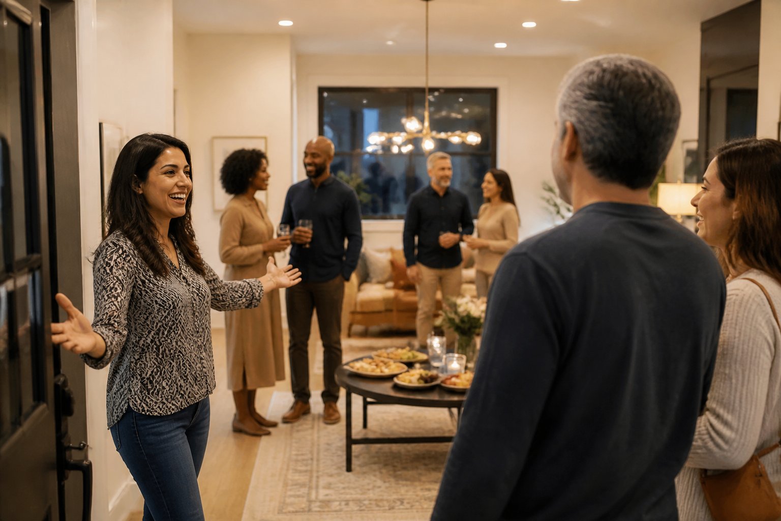 A group of people socializing and smiling in a cozy living room while a host welcomes guests at the entrance.
