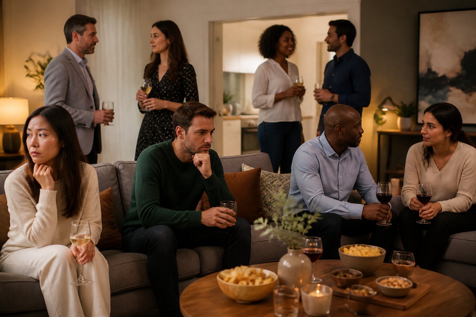A group of adults in a living room having a social gathering with mixed emotions, some looking thoughtful and others smiling.