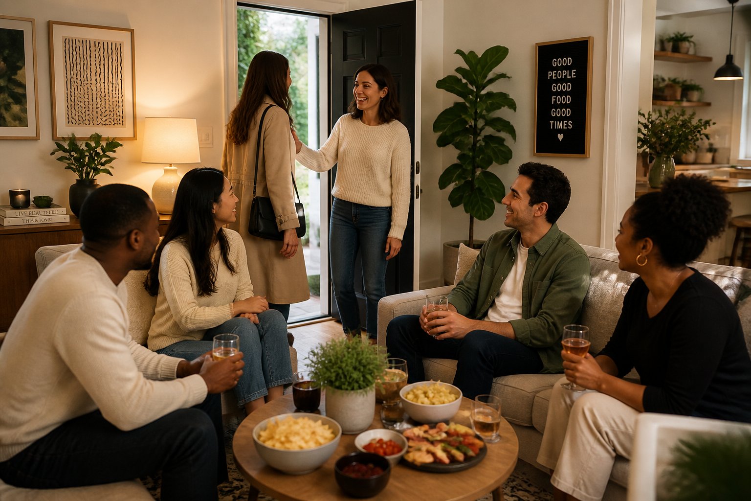 A group of people enjoying a friendly social gathering in a cozy living room, with a host welcoming a guest and others chatting comfortably.