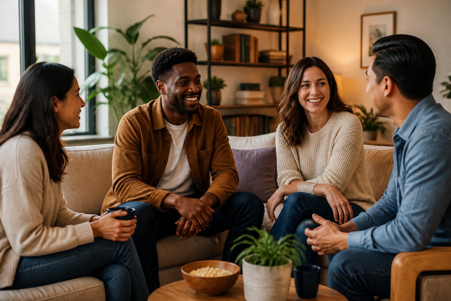 Four adults having a friendly conversation in a cozy living room during a social gathering.