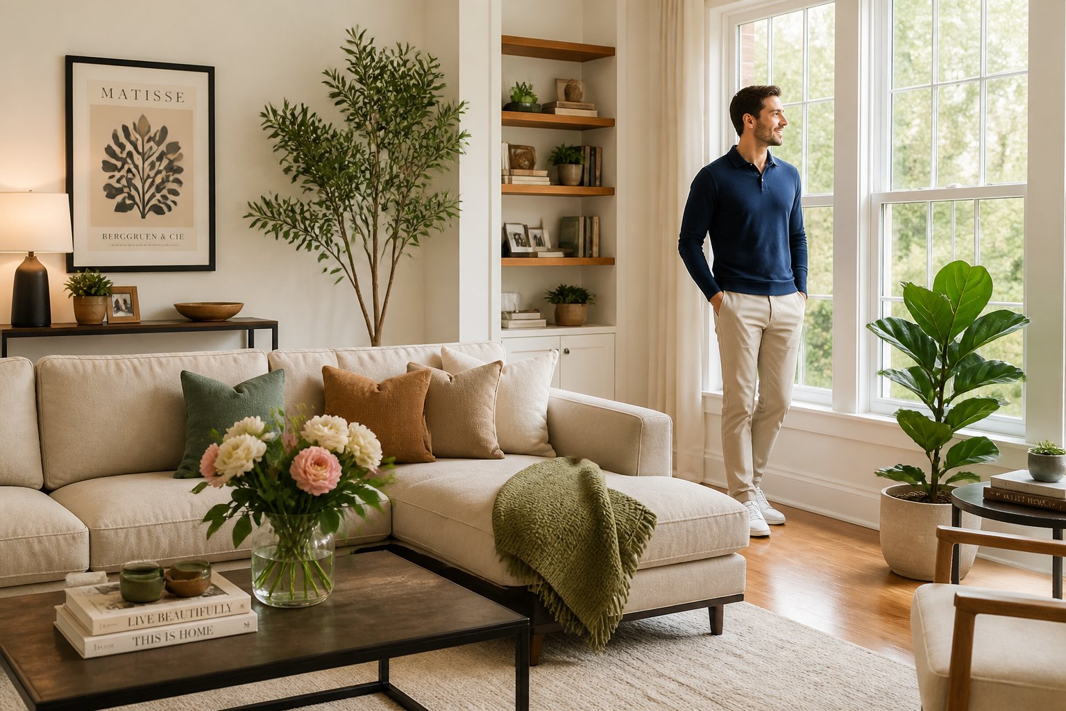 A person standing confidently in a bright living room with large windows, plants, and comfortable furniture.
