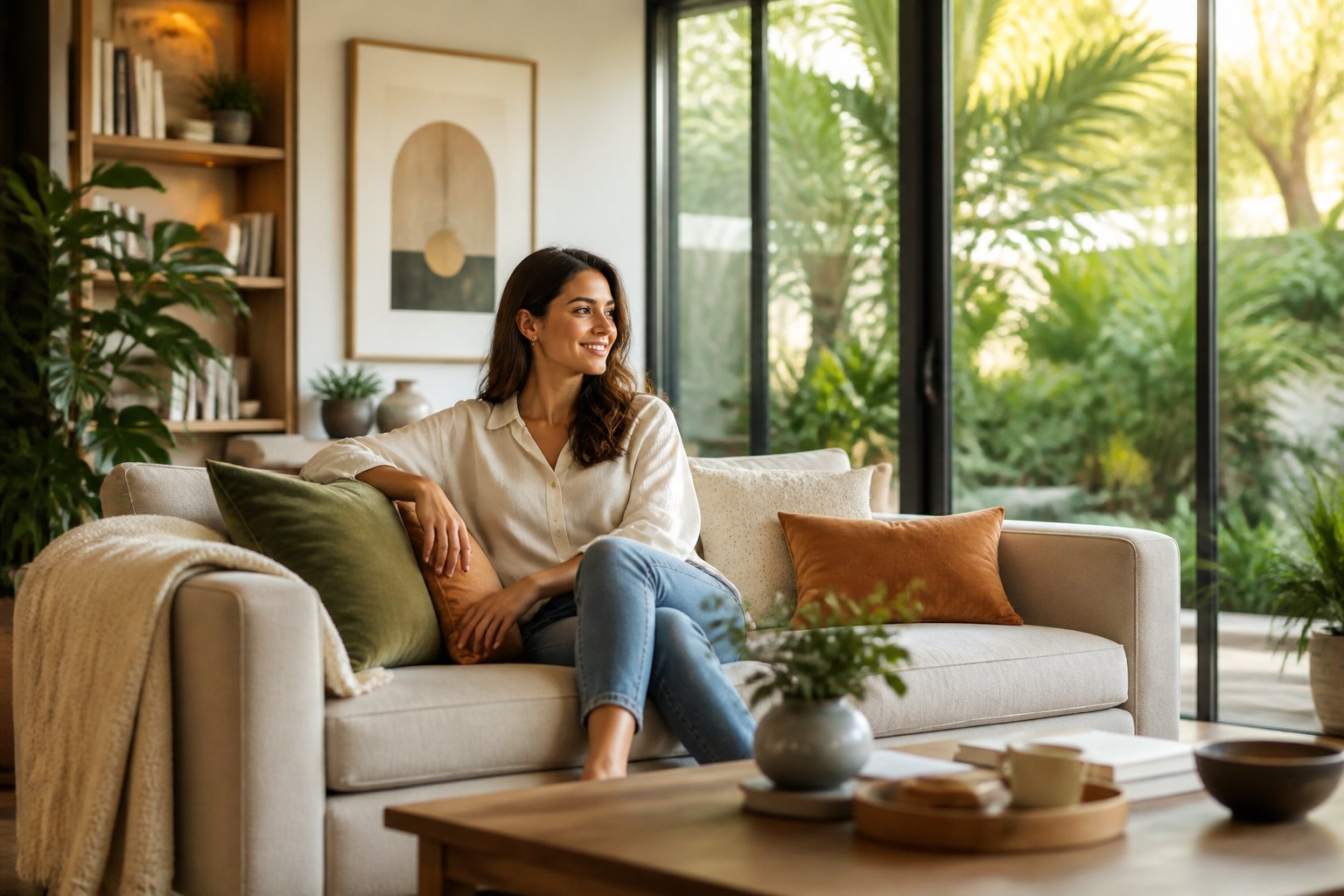 A person sitting comfortably on a sofa in a bright living room with large windows showing a garden outside.
