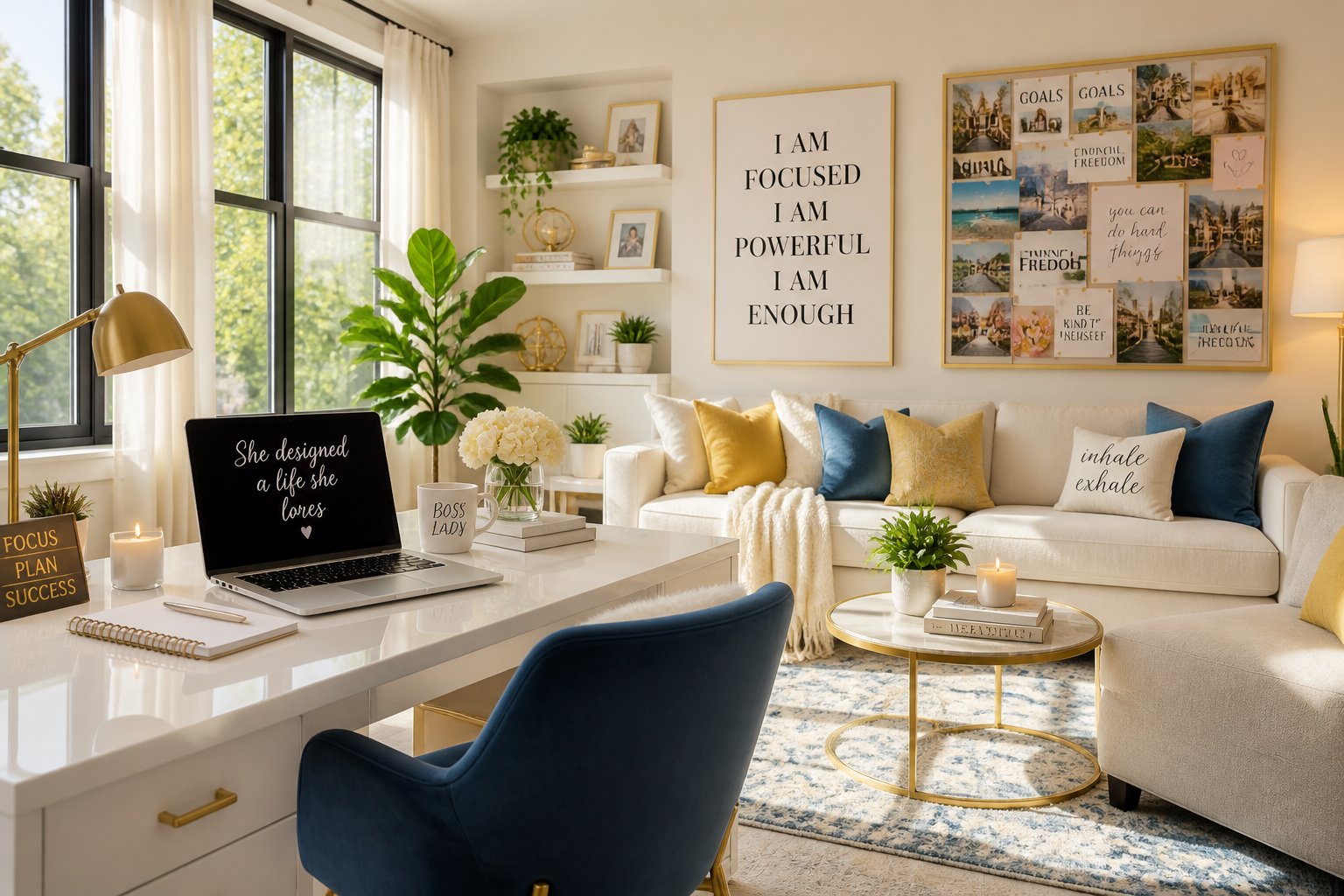 A bright living room with large windows, a tidy workspace, comfortable seating, and plants, creating a welcoming and motivating home environment.
