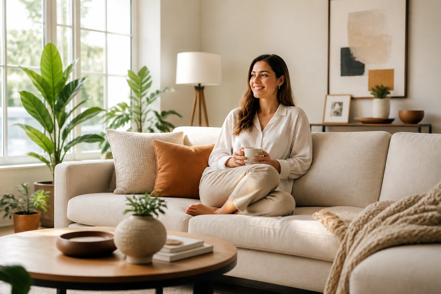 A person sitting comfortably in a bright, modern living room filled with natural light and cozy furniture.