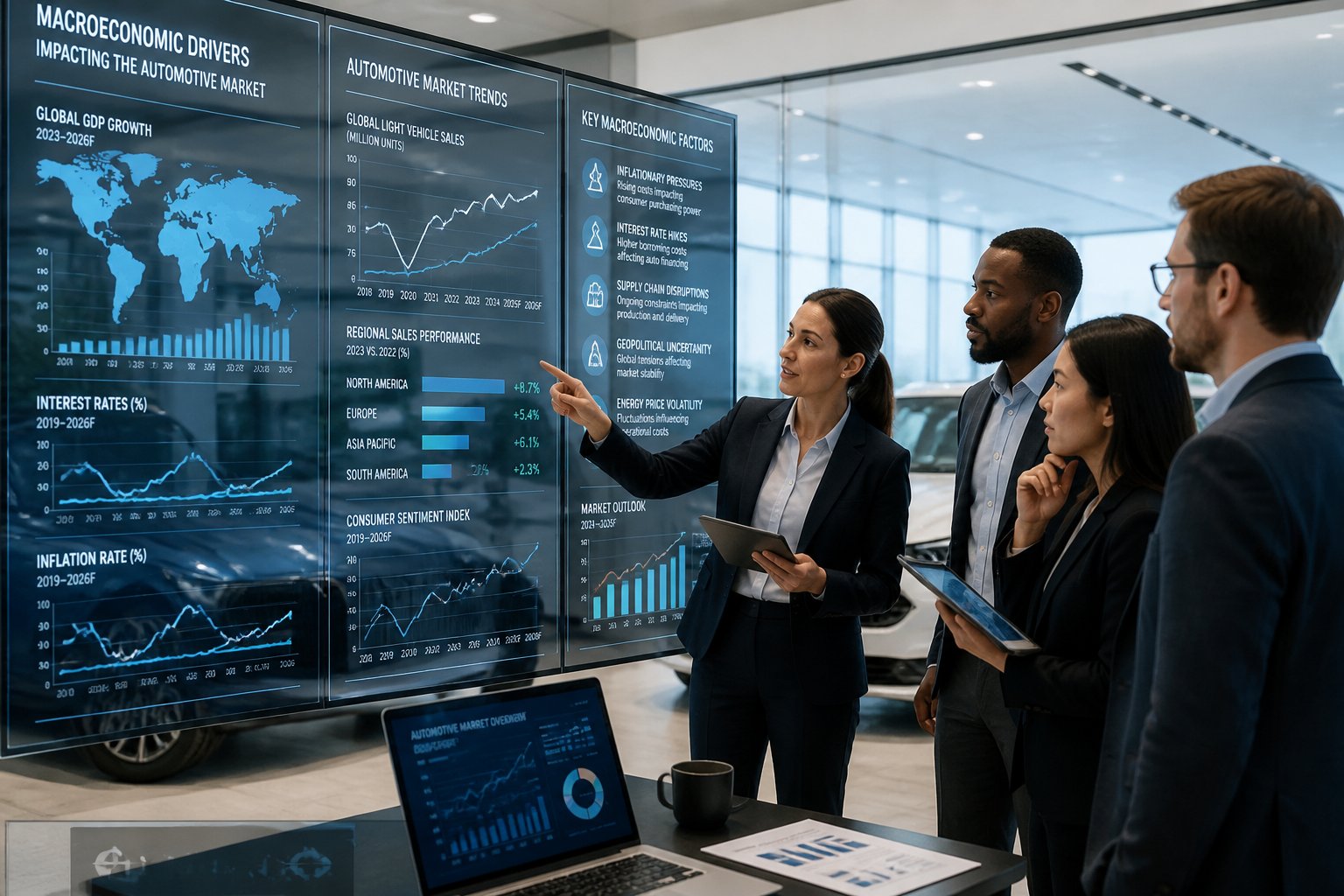 Business professionals analyzing economic data on digital screens with cars displayed in a showroom background.