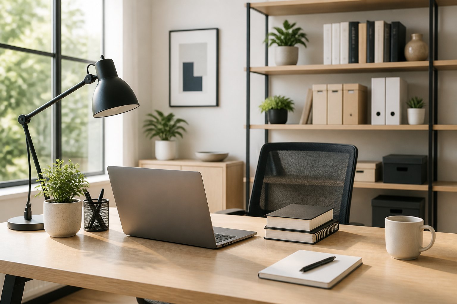 A tidy office desk with a laptop, notebooks, a lamp, a plant, and a coffee cup, with shelves and a window in the background.