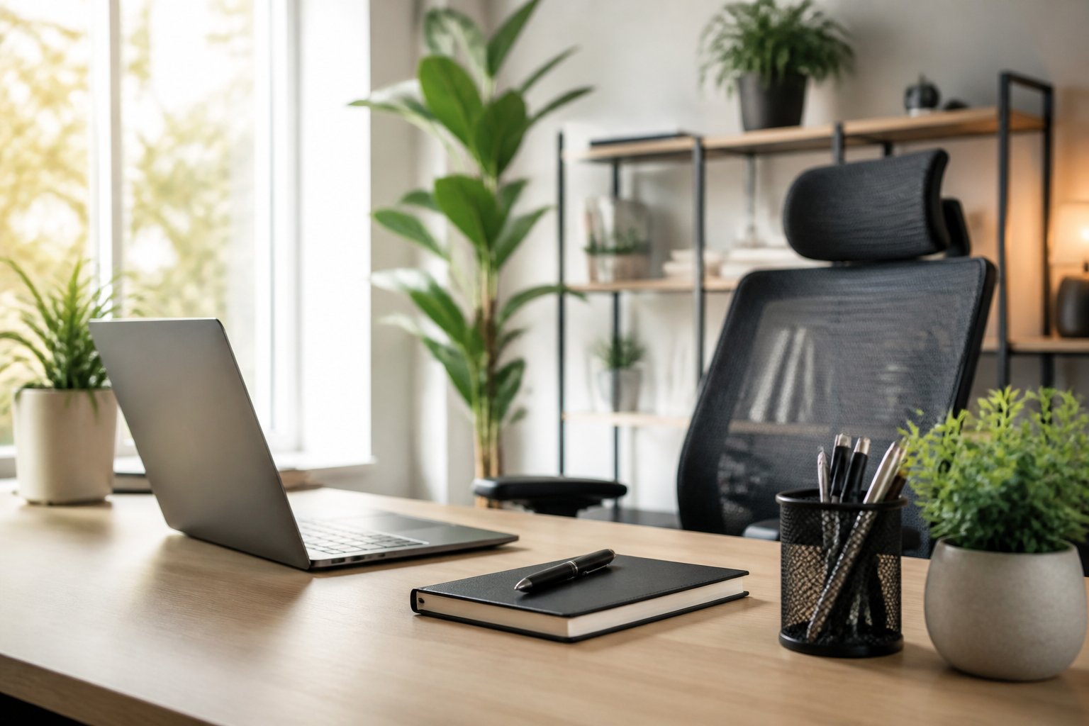 A clean and organized workspace with a laptop, notebook, pen holder, and a small plant on a desk near a window.