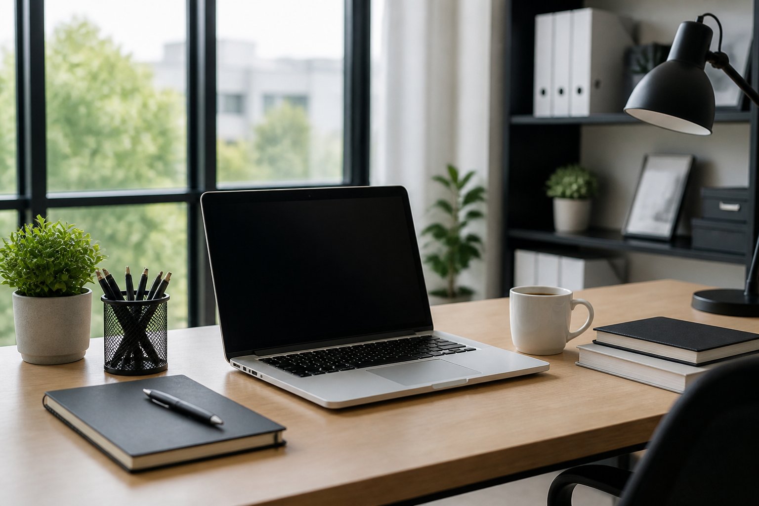 A clean and organized desk with a laptop, notebook, pen holder, plant, and coffee cup in a bright office setting.