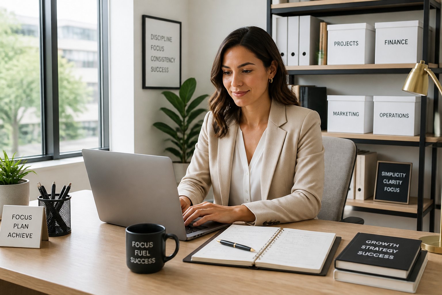 A person working at a clean, organized desk in a bright office with shelves and natural light.