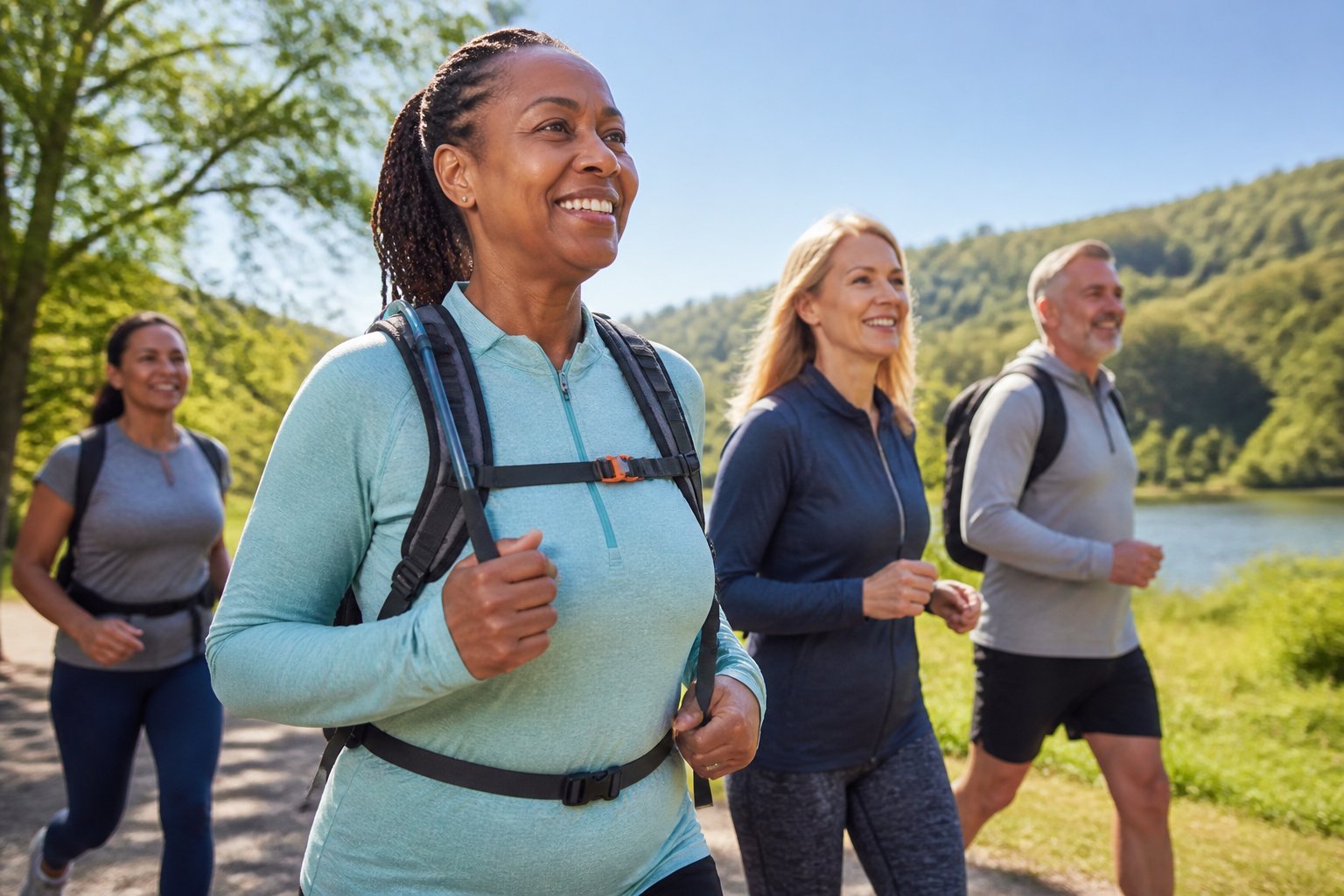 A group of people walking briskly through a green park on a sunny day, appearing healthy and energetic.