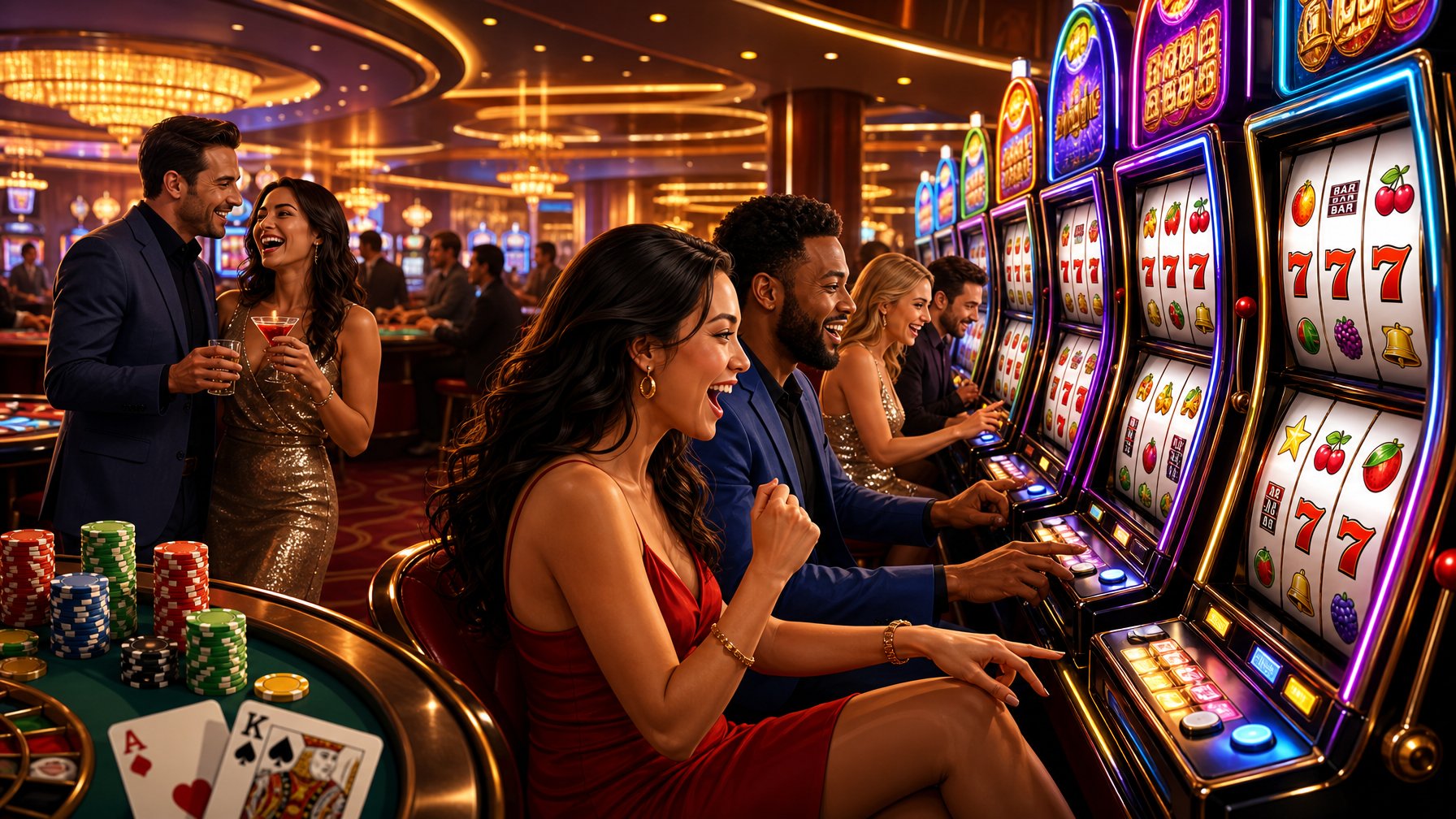 A Casino Interior With People Playing Brightly Lit Slot Machines Showing Colorful Reels And Classic Symbols.