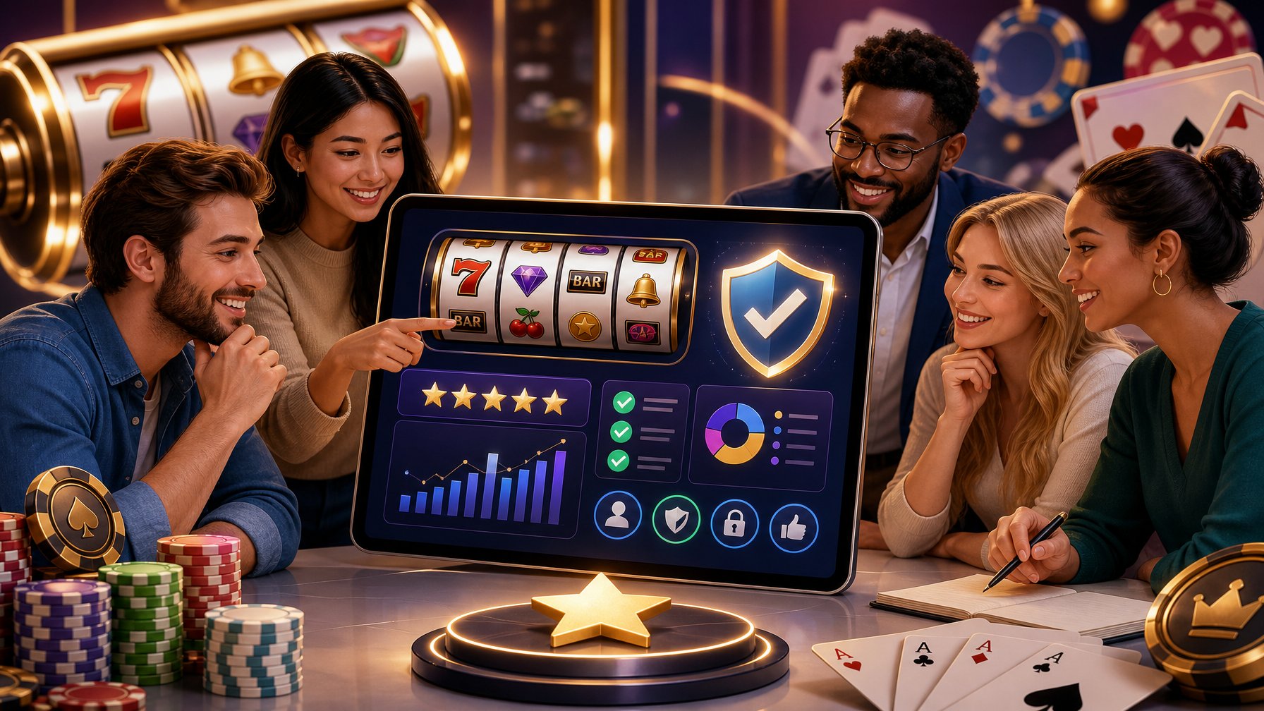 A Group Of People Reviewing A Digital Casino Interface With Slot Machine Icons And Trust Symbols In A Modern Setting.