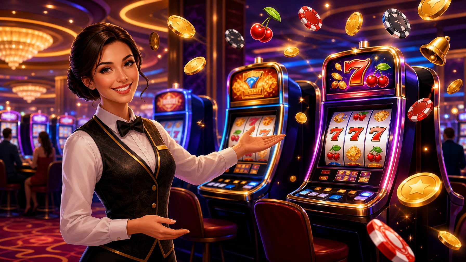 A Casino Interior With Glowing Slot Machines And A Smiling Host Inviting Players, Surrounded By Floating Coins And Chips.