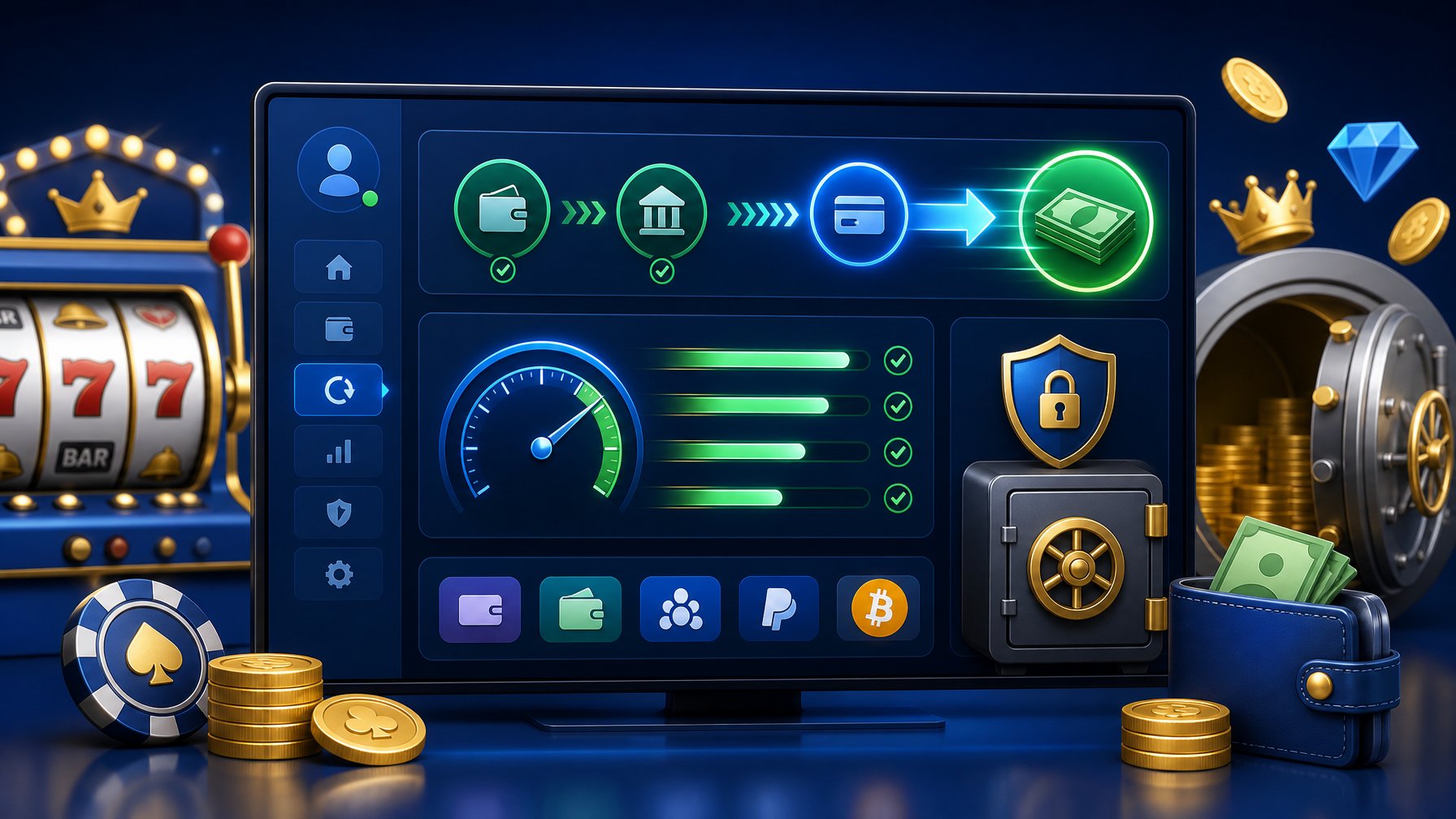 A Digital Interface Showing Fast Casino Payouts, Transaction Progress, And Cashout Limits With Slot Machine Elements In The Background.
