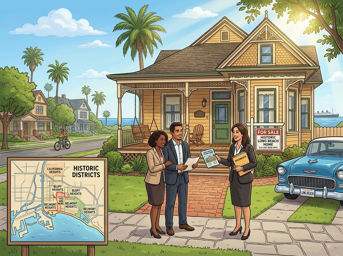 A couple talks with a real estate agent in front of a historic house in a sunny long beach neighborhood with palm trees.