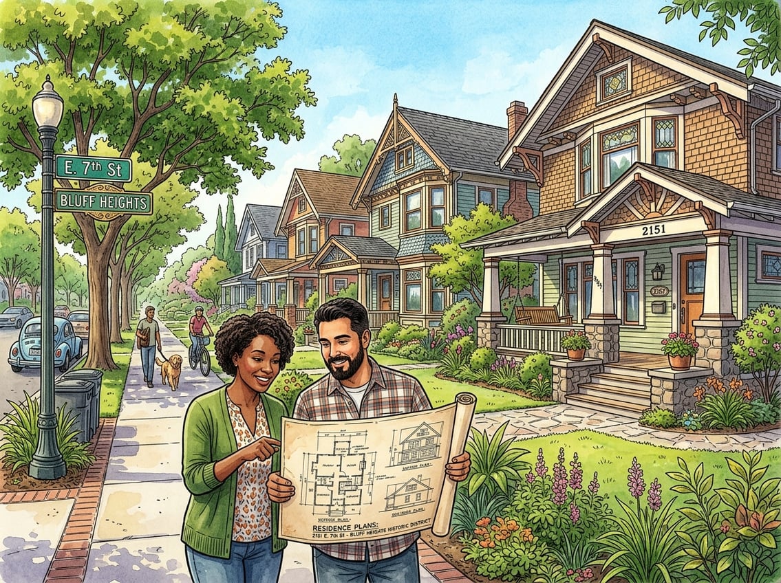 A couple looking at a house plan in front of a row of historic homes surrounded by trees in a sunny neighborhood.