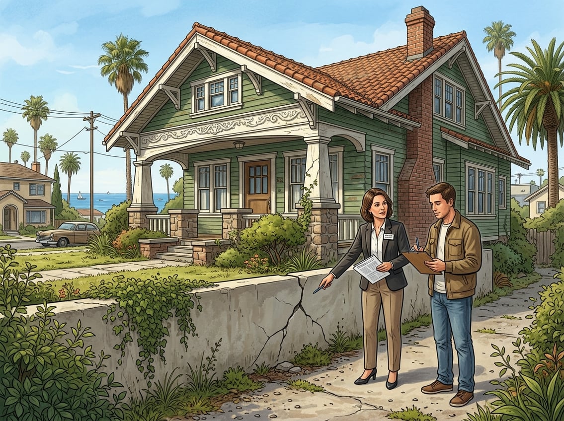 A real estate agent and a homebuyer inspecting the exterior of a historic house with distinctive architectural details in a coastal neighborhood.