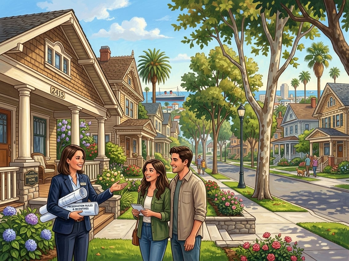 A real estate agent shows a young couple historic homes in a tree-lined neighborhood with classic architecture and gardens.