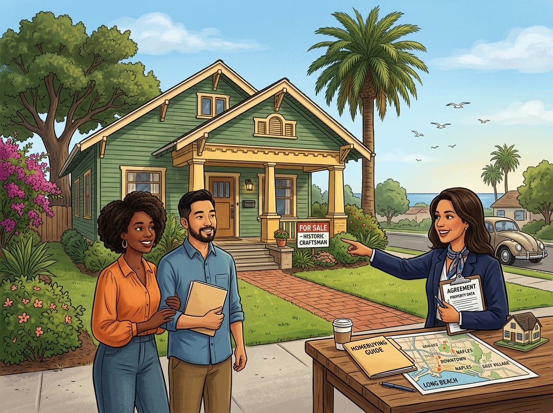 A couple talks with a real estate agent outside a historic house surrounded by palm trees in long beach.