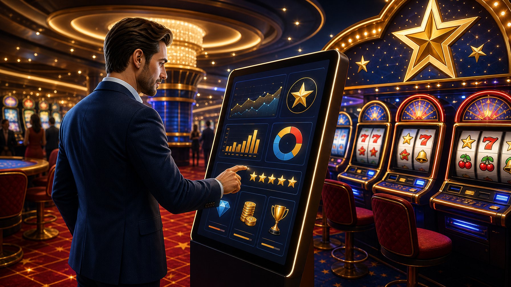 A Person Interacting With A Touchscreen Kiosk In A Modern Casino Filled With Colorful Slot Machines And Star Decorations.