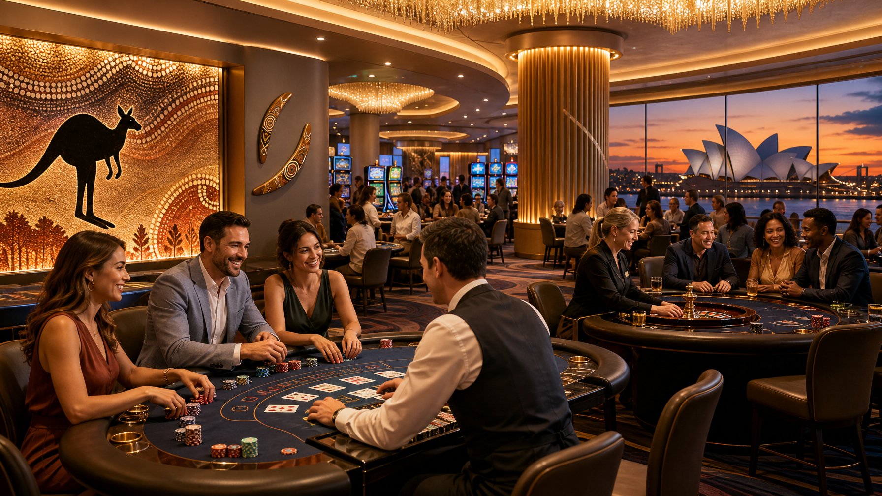 A Lively Casino Interior With Gaming Tables, Slot Machines, And AustralianThemed Decorations, Featuring People Enjoying Casino Games.