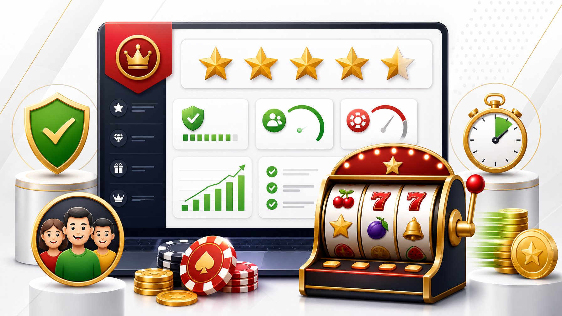 A Digital Dashboard Showing A Slot Machine With Colorful Symbols, Star Ratings, And Icons Representing Security, User Satisfaction, And Payout Speed.