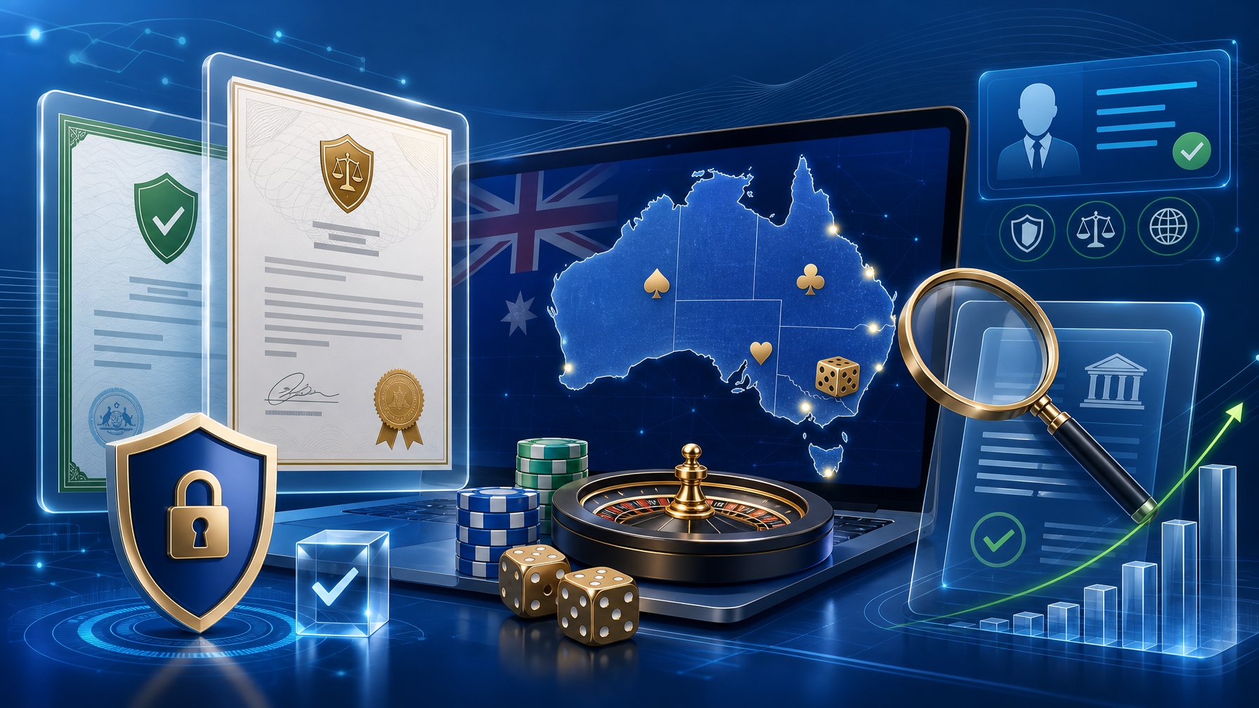 A Digital Interface Showing Official Documents, Australian Map, And Symbols Of Trust And Security Representing Casino Licensing And Regulatory Transparency.