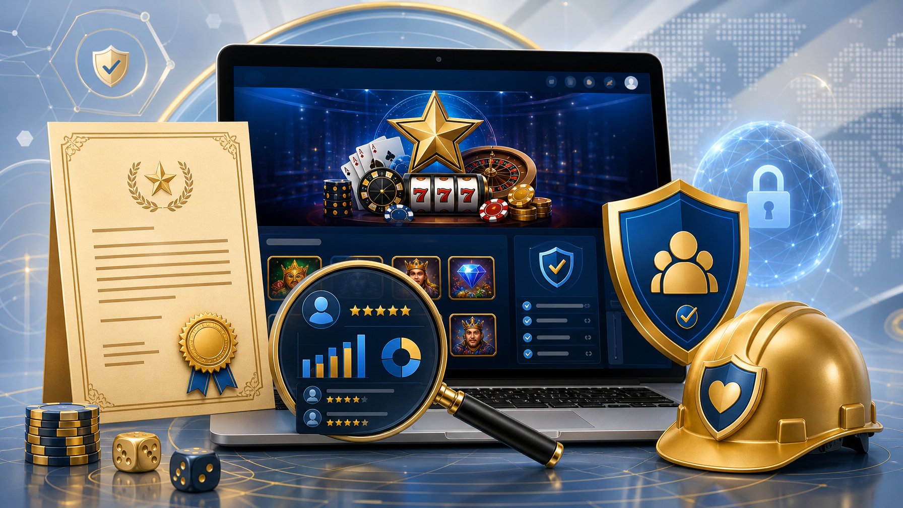 A Computer Screen Showing A Secure Online Casino Interface Surrounded By Symbols Of Licensing, Transparency, And Player Safety.