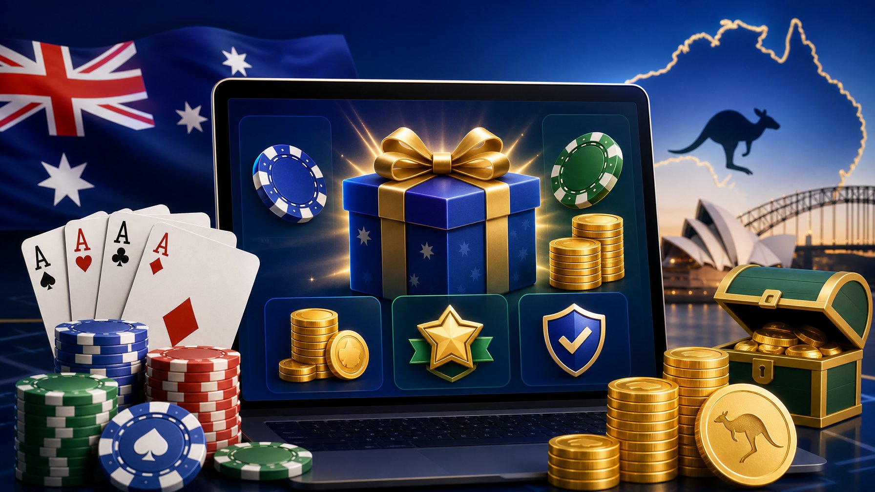 A Digital Interface Showing Poker Chips, Playing Cards, And Gold Coins With AustralianThemed Elements Like A Kangaroo Silhouette In The Background, Symbolizing Casino Welcome Offers And Bonuses.