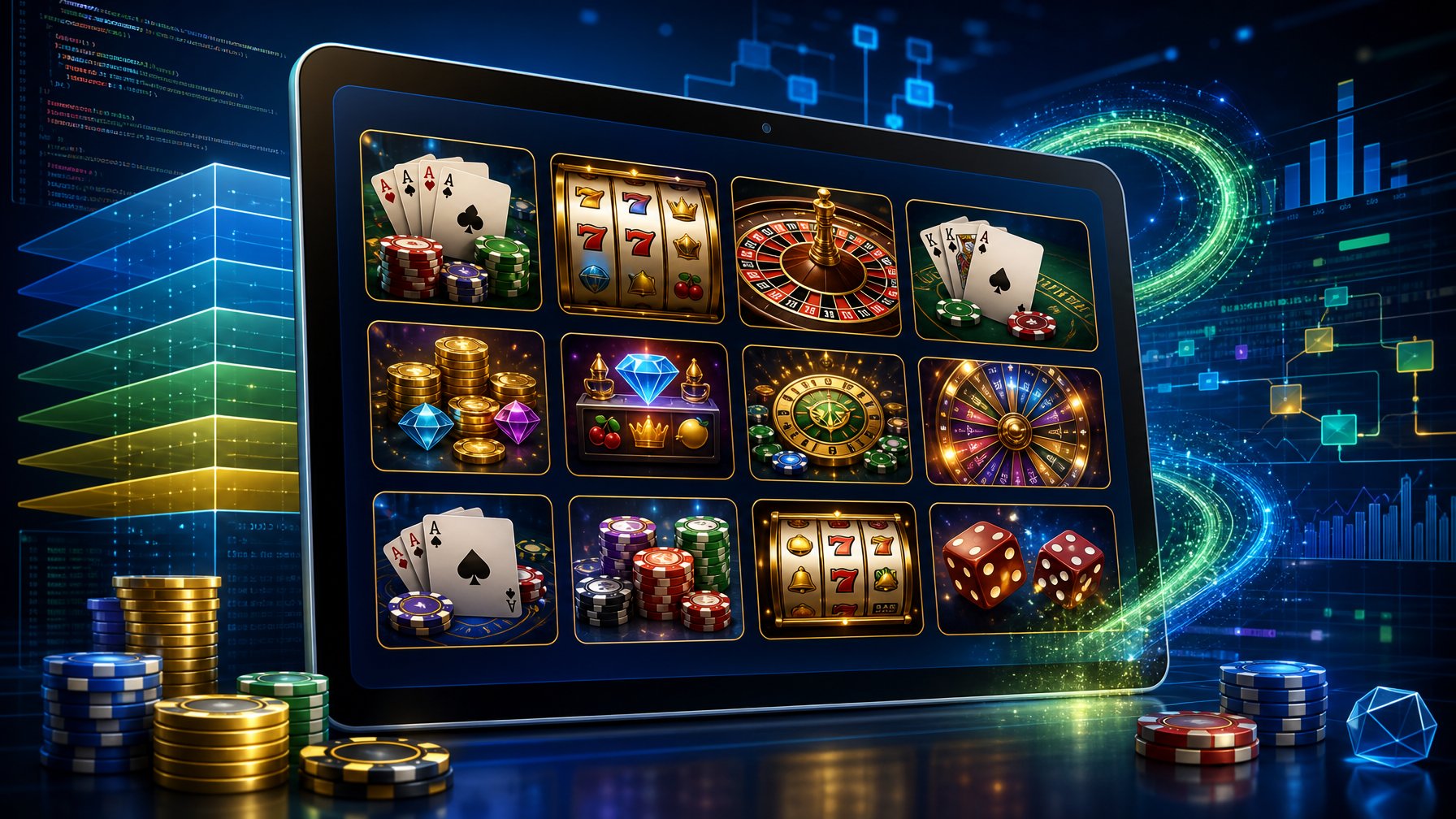 A Digital Device Displaying A Collection Of Casino Game Icons Surrounded By Abstract Graphics Representing Software Depth And Complexity.