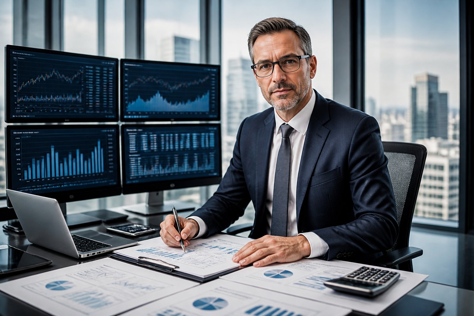 A business professional reviewing financial charts and reports in a modern office with large windows overlooking a city.
