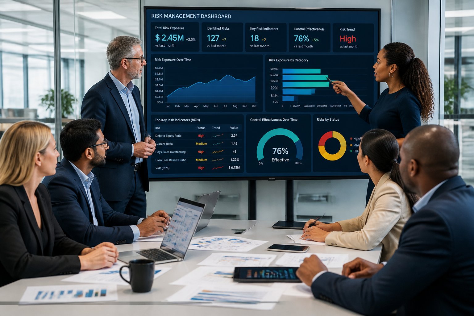 Business professionals in a conference room reviewing financial data on a large digital dashboard with charts and graphs.
