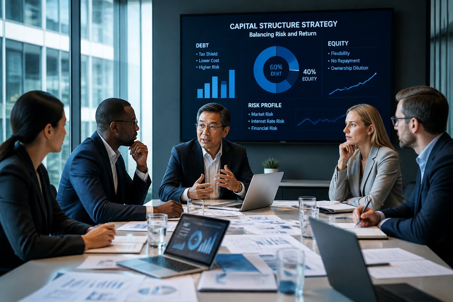 Business professionals in a corporate office discussing financial charts and data around a conference table.
