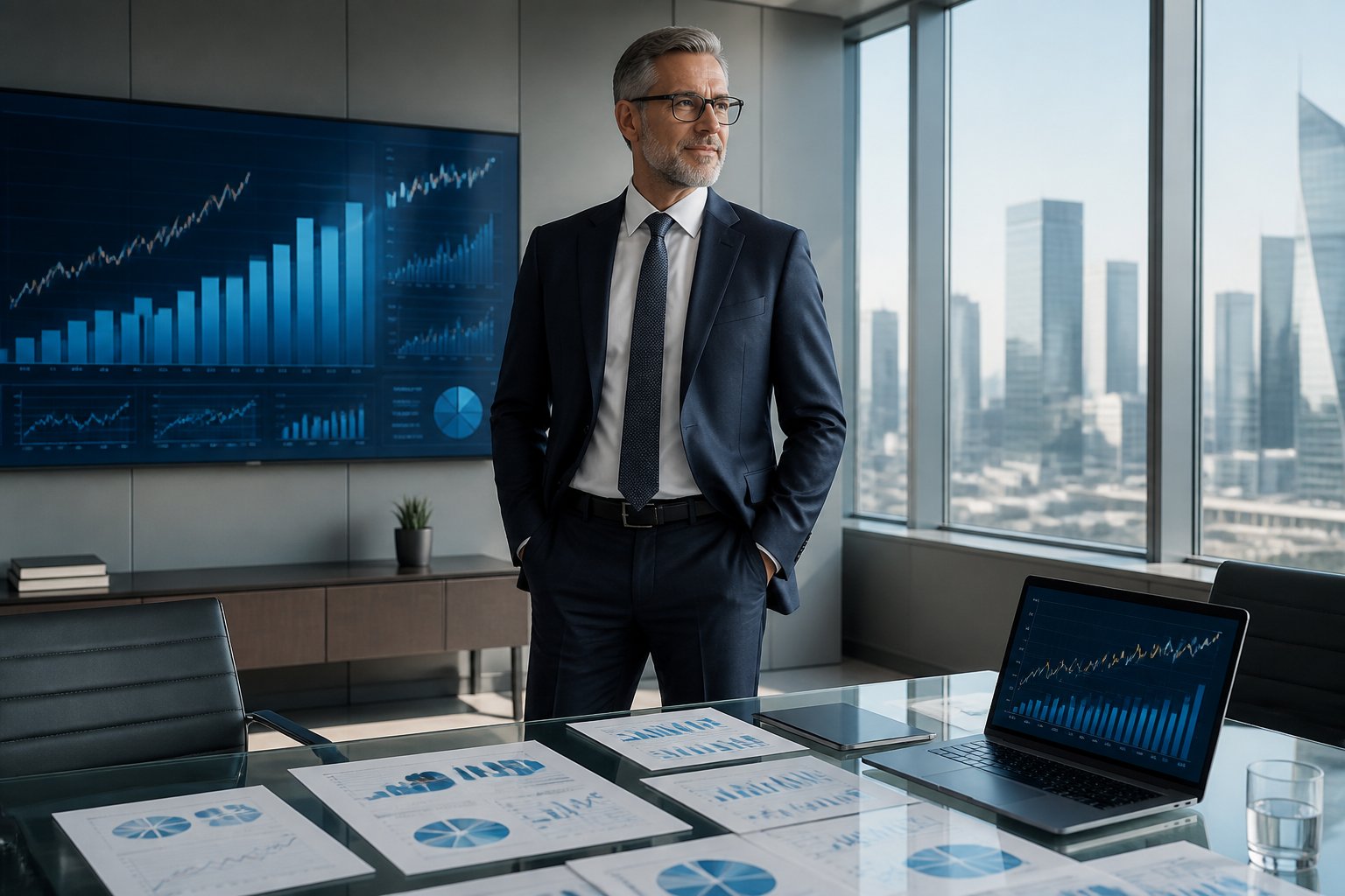 A business professional reviewing financial charts and data on a laptop in a modern office with a city view.