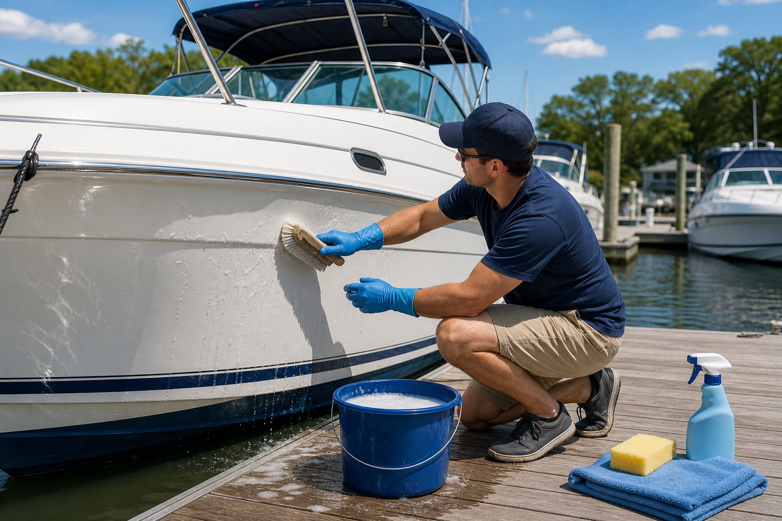 A person cleaning the hull of a white fiberglass boat docked at a marina on a sunny day, with cleaning supplies nearby and other boats in the background.