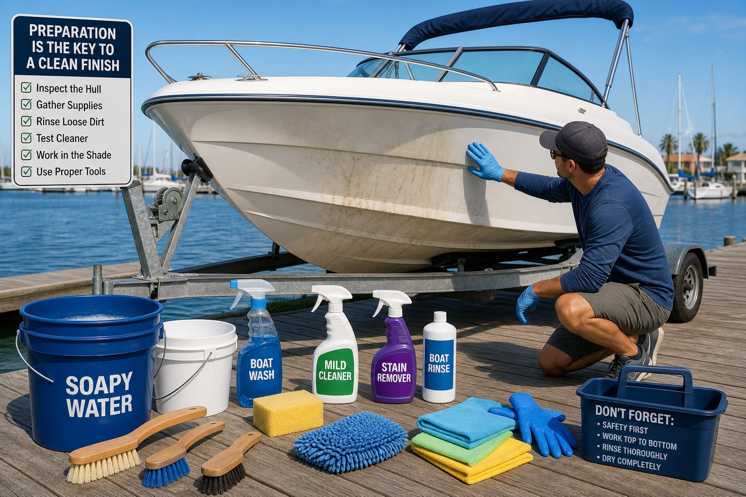 A person preparing a fiberglass boat for cleaning by organizing cleaning supplies near the boat at a marina.