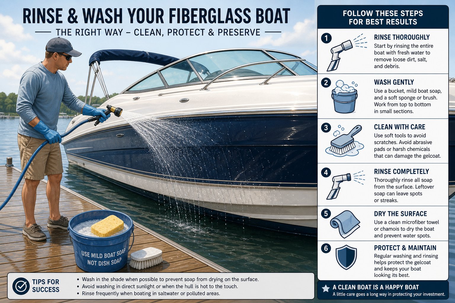 A person rinsing and washing a fiberglass boat on a dock using a hose and sponge.