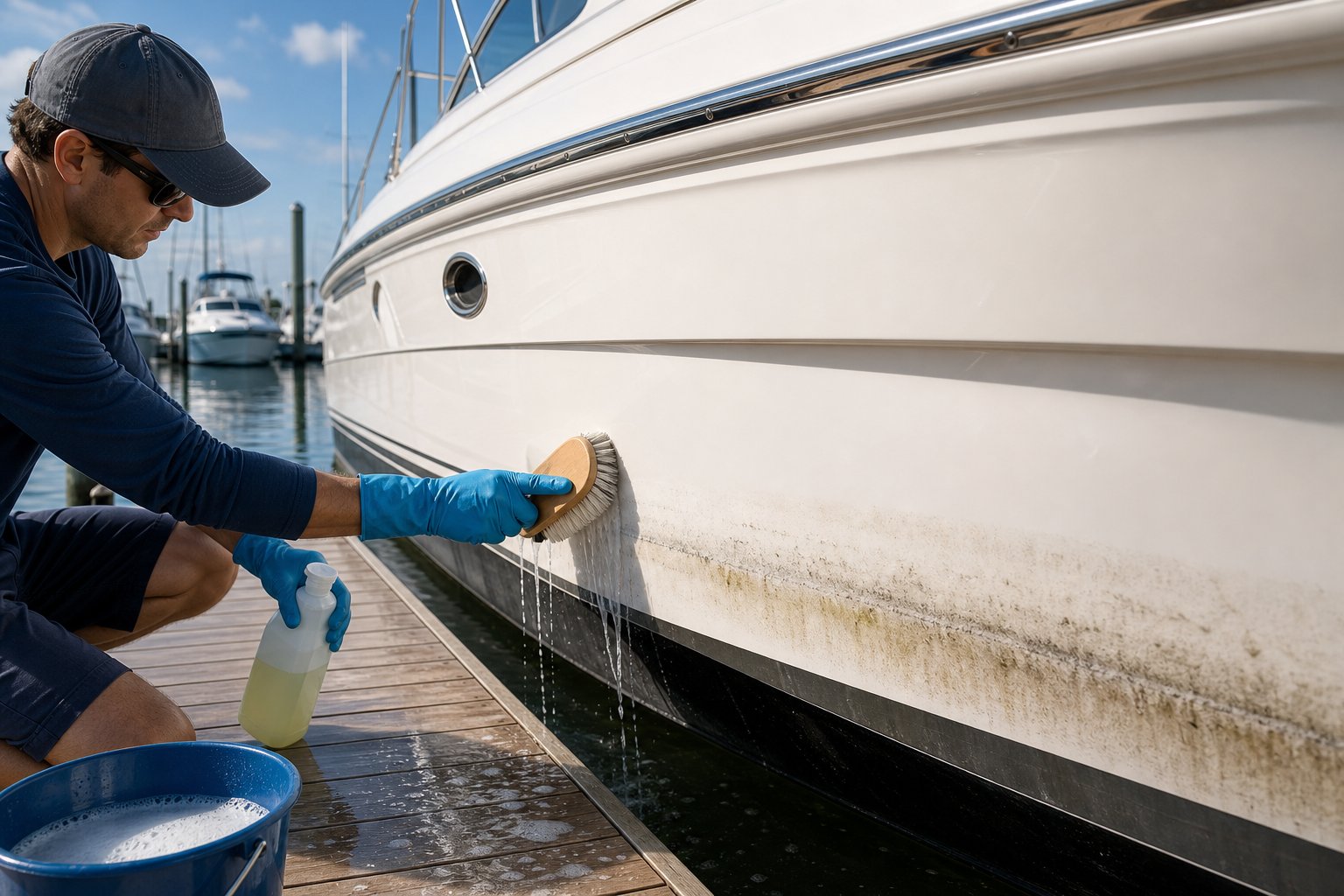 A person cleaning stains and marks from the waterline of a fiberglass boat docked at a marina.