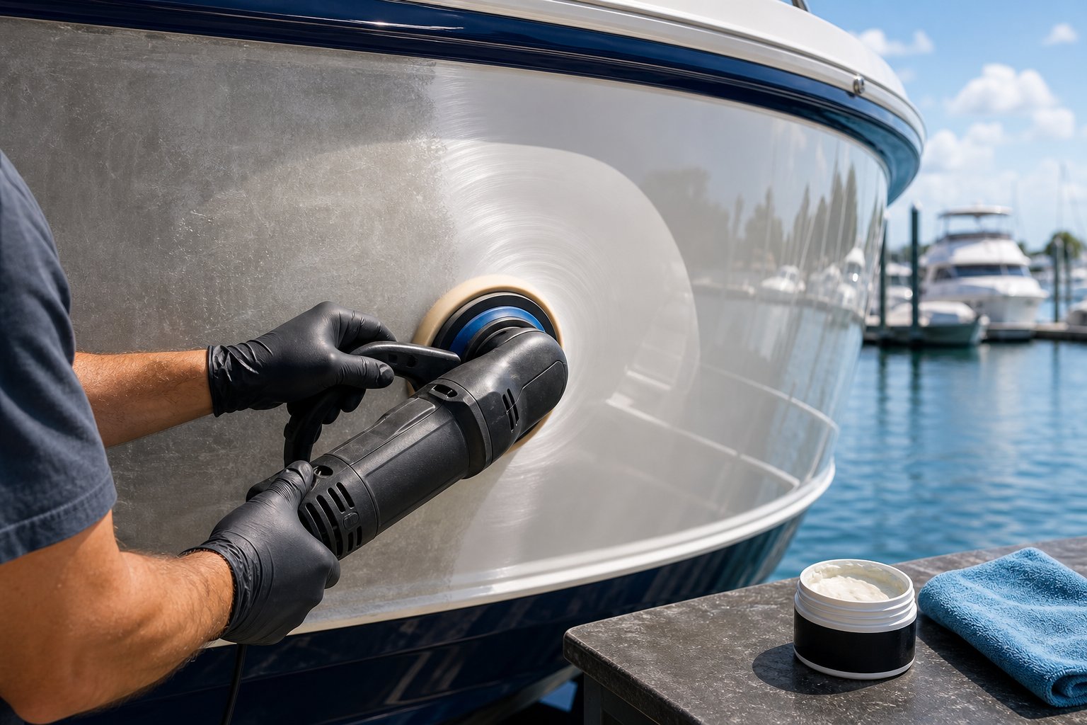 A person polishing the hull of a fiberglass boat outdoors near a marina, using a polishing machine to restore its shine.