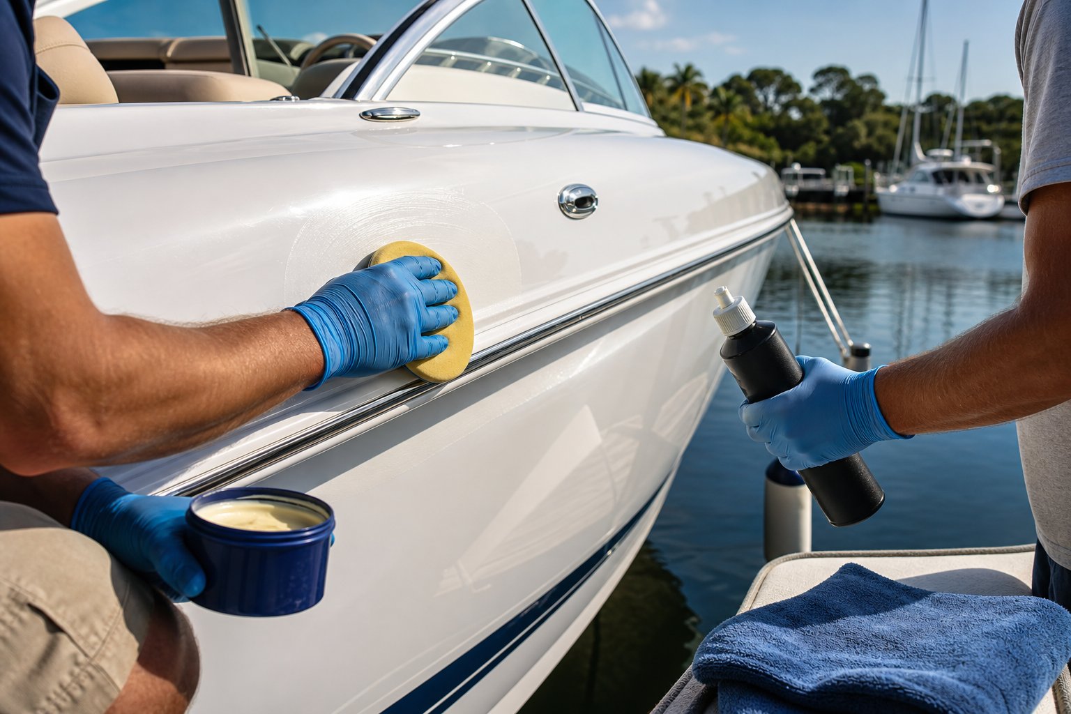 A person waxing the hull of a fiberglass boat docked at a marina while another person prepares to apply sealant.