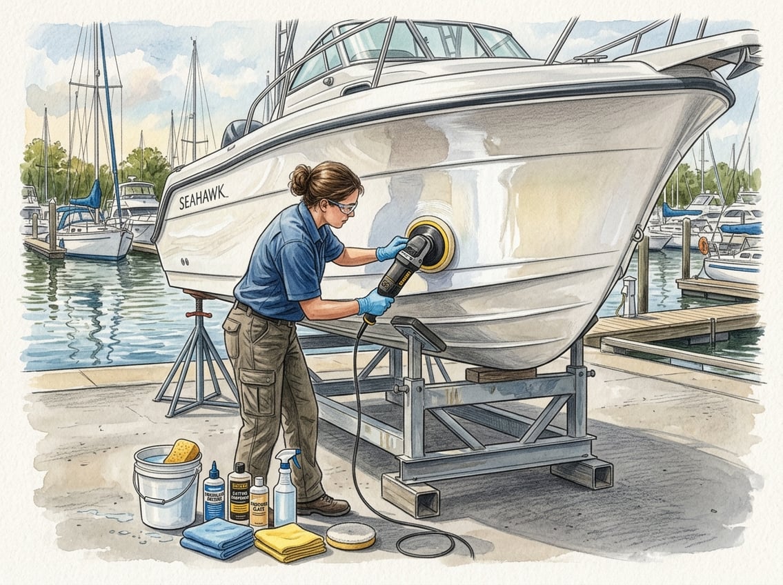 A person polishing the side of a fiberglass boat with an electric buffer at a marina.