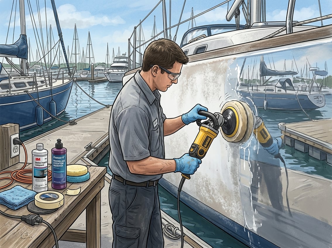 A person polishing the side of a fiberglass boat with an electric buffer at a marina, showing the contrast between polished and oxidized areas.