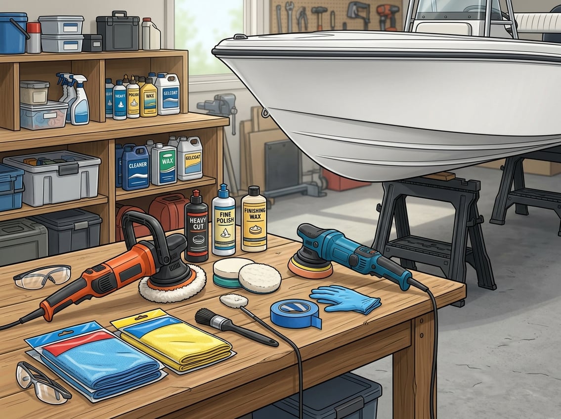 Workspace with tools and products arranged next to a fiberglass boat hull ready for polishing.