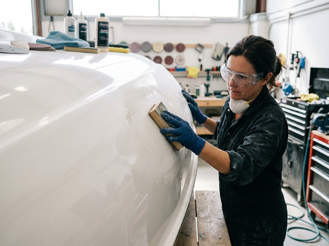 Person sanding the surface of a fiberglass boat hull in a workshop setting.